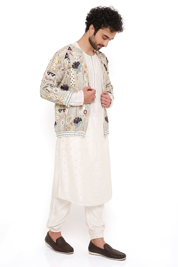 RAJ OFF WHITE GEORGETTE EMBROIDERED BOMBER JACKET WITH ABLA SILK BOMBER KURTA AND JOGGER PANT