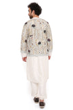 RAJ OFF WHITE GEORGETTE EMBROIDERED BOMBER JACKET WITH ABLA SILK BOMBER KURTA AND JOGGER PANT