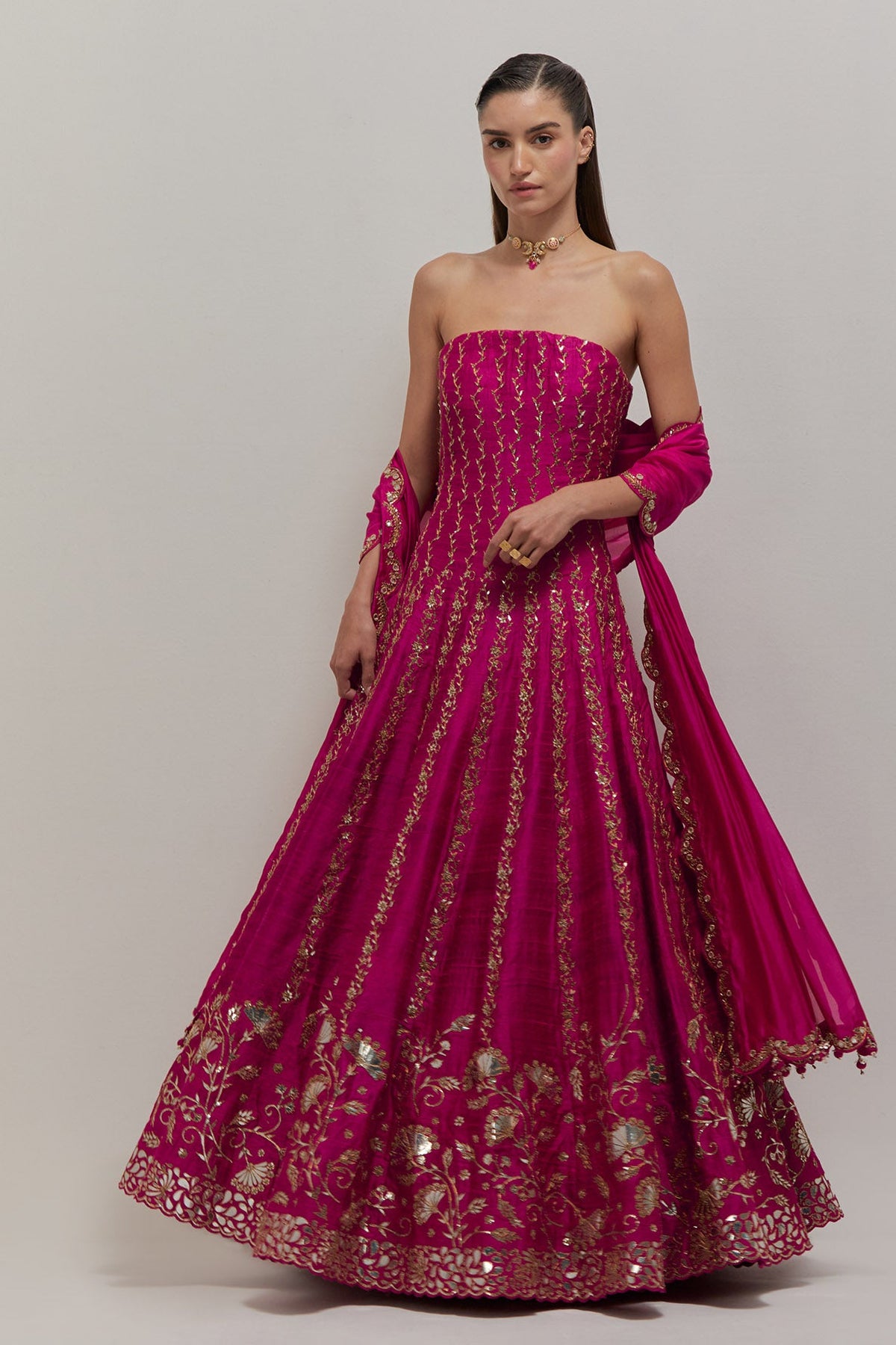 Raspberry Off Shoulder Anarkali set