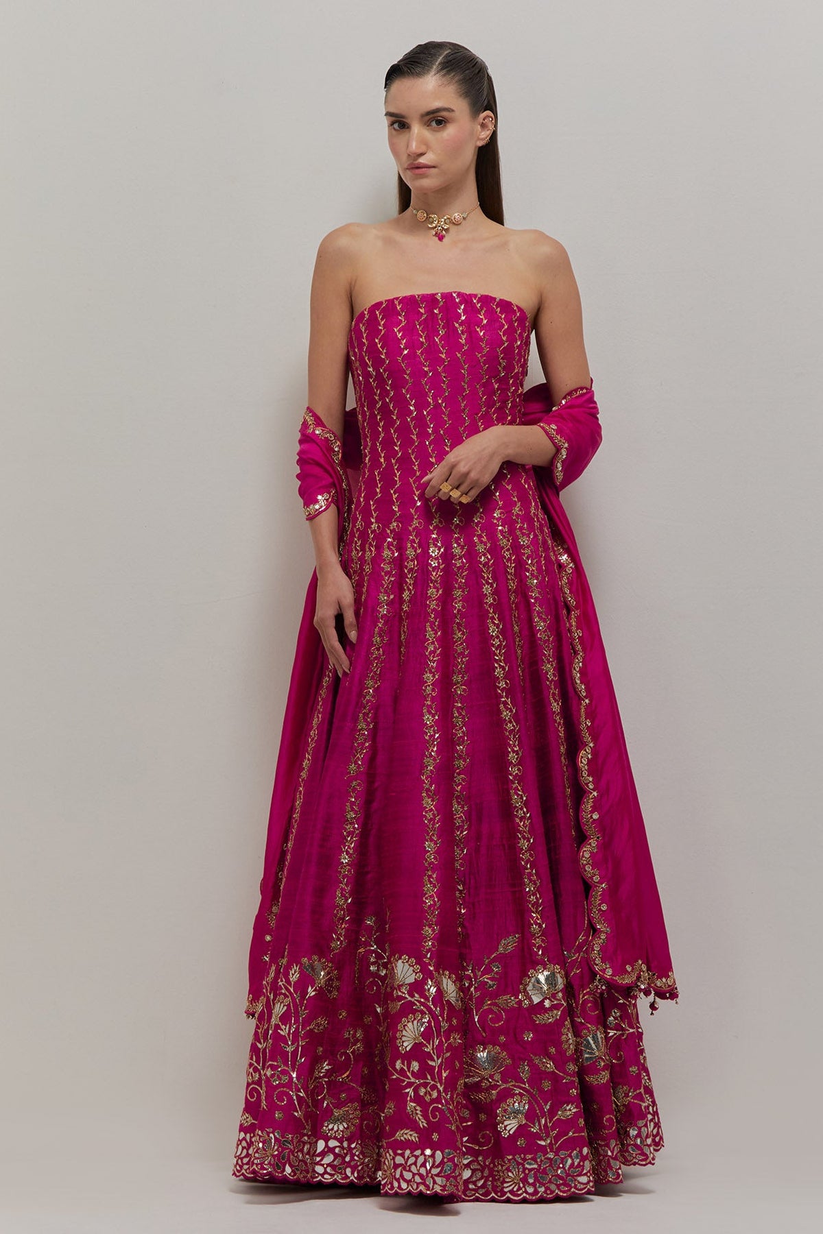 Raspberry Off Shoulder Anarkali set