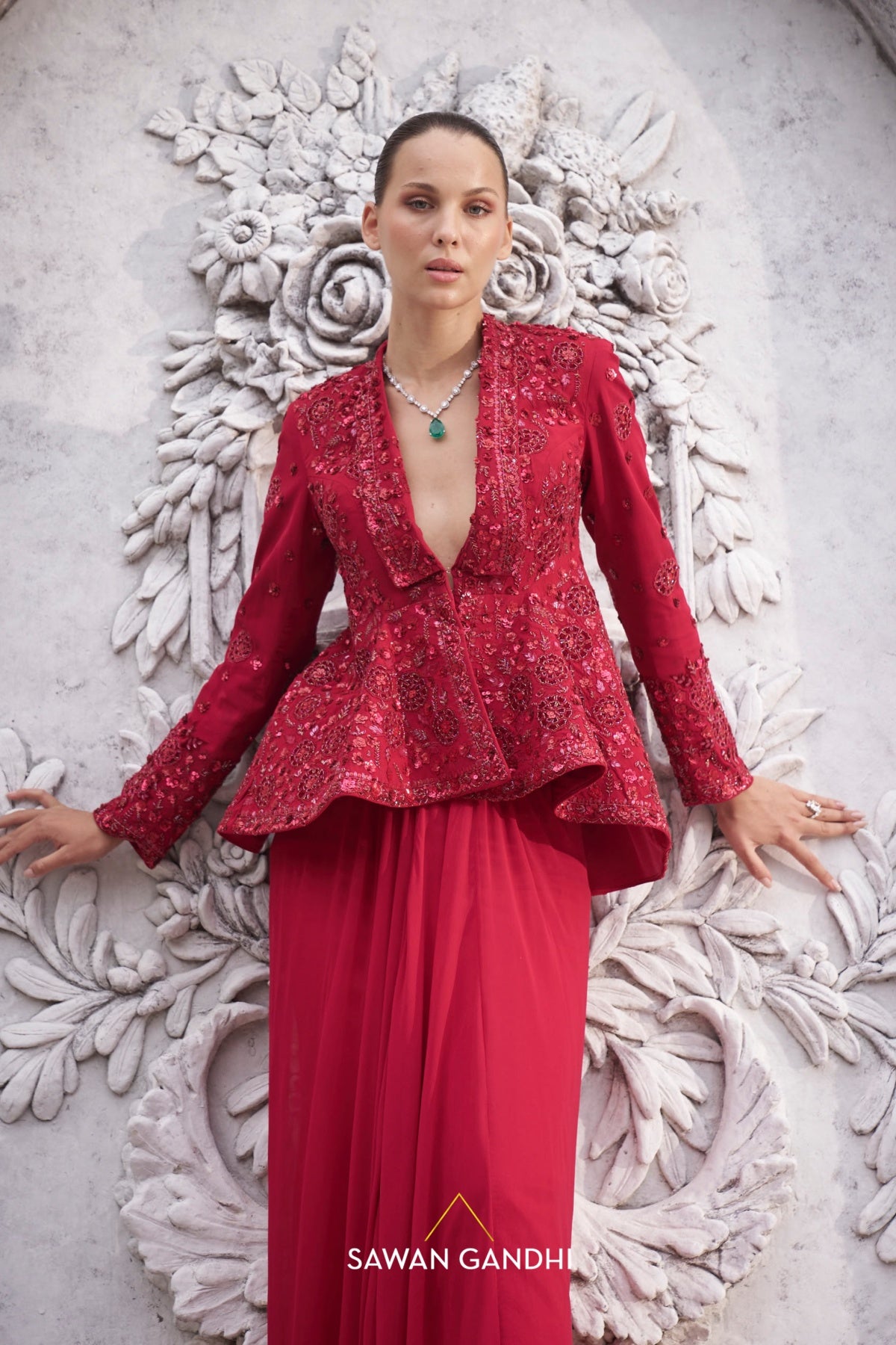 Red appliquÃƒÂ© work peplum set