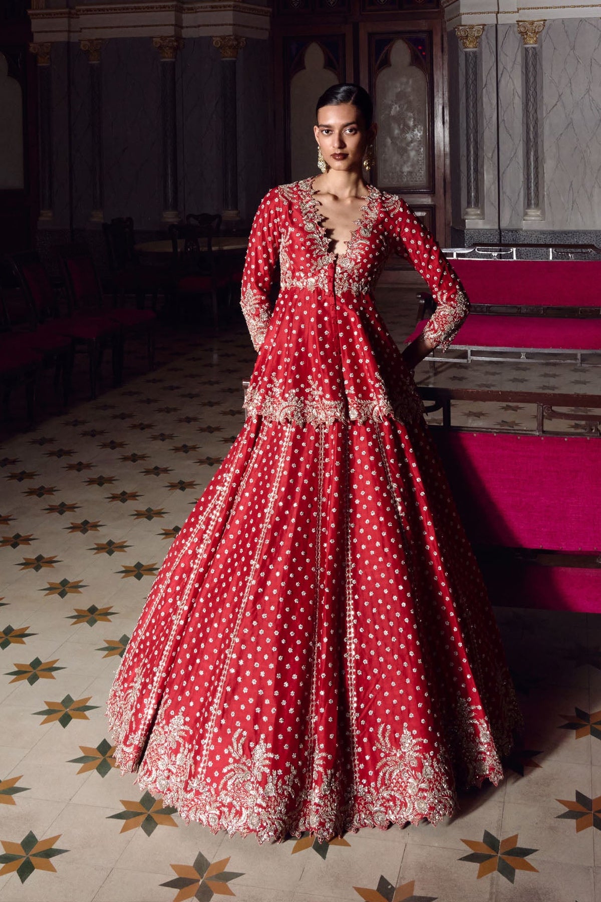 Red Athena Peplum Lehenga Set