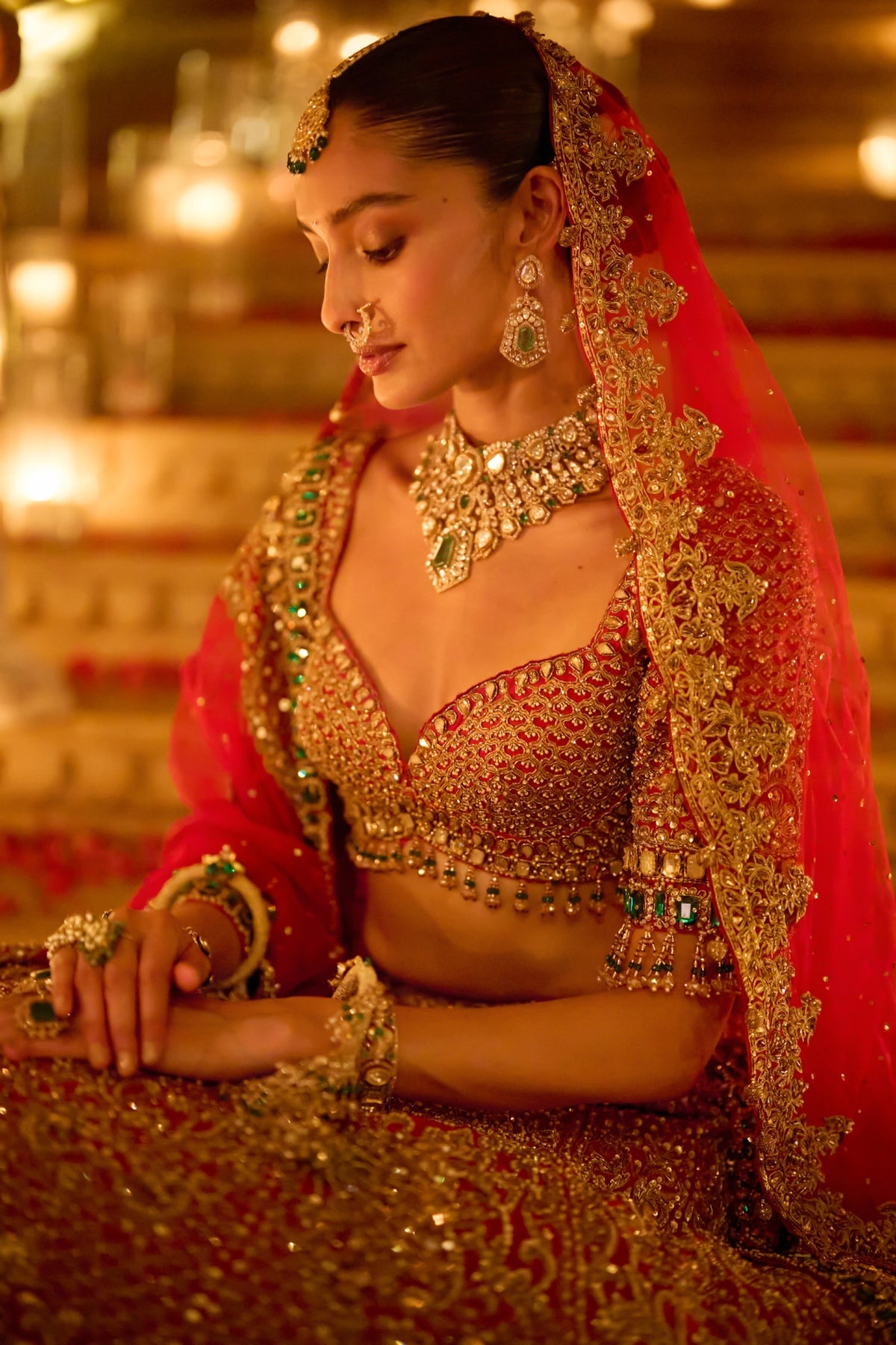 Red & Emerald Zardosi Lehenga Set