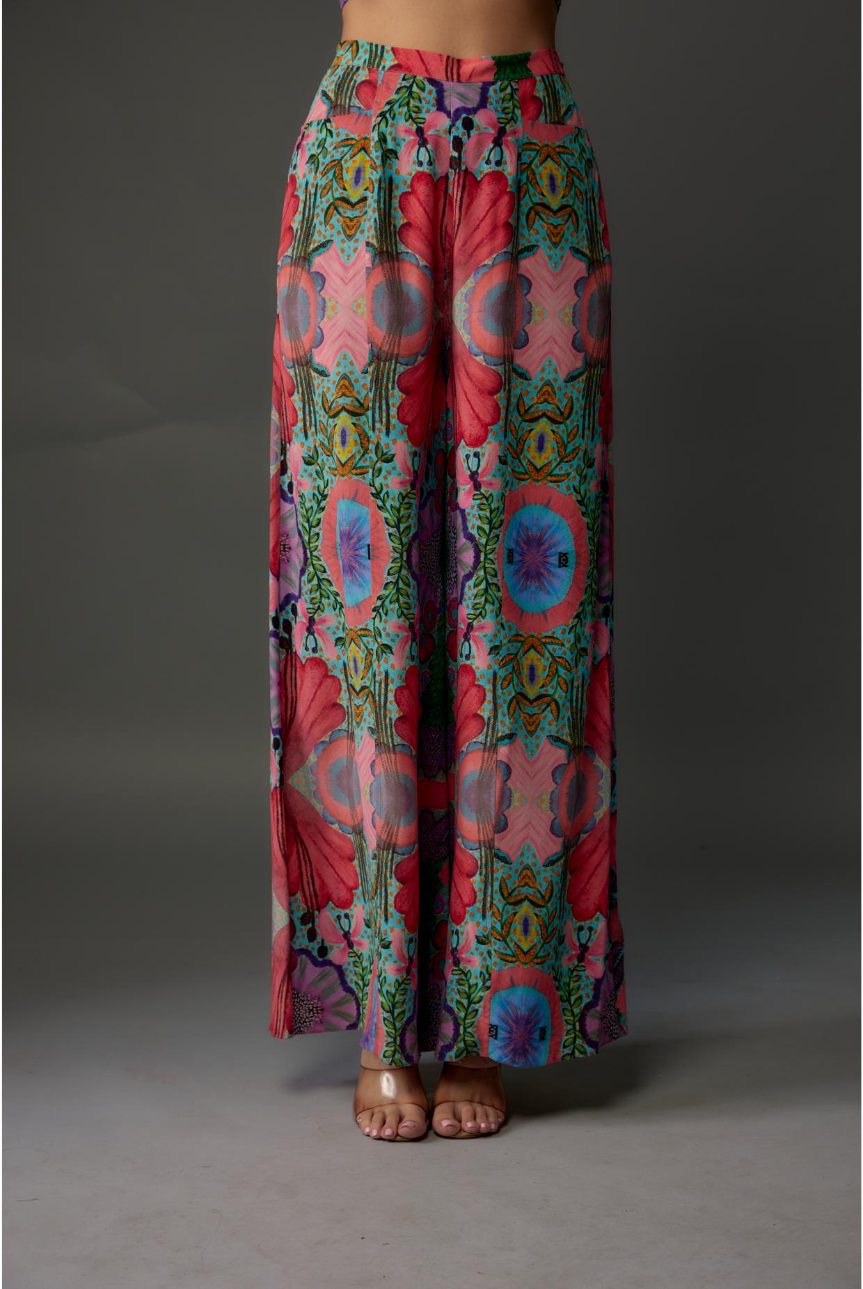 Red Enchanted Print Crepe Bow Tube & Palazzo Pant