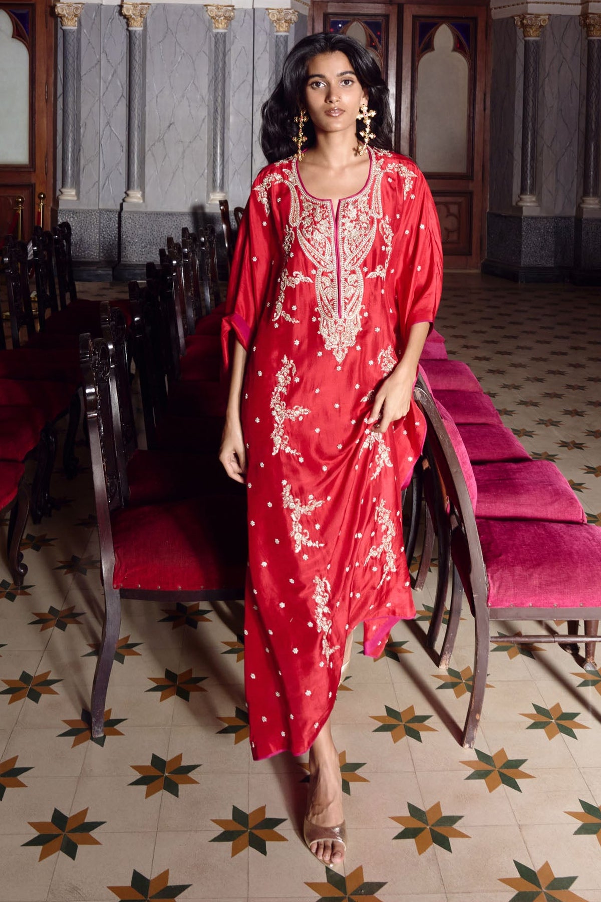 Red Flower Line Kaftan Set