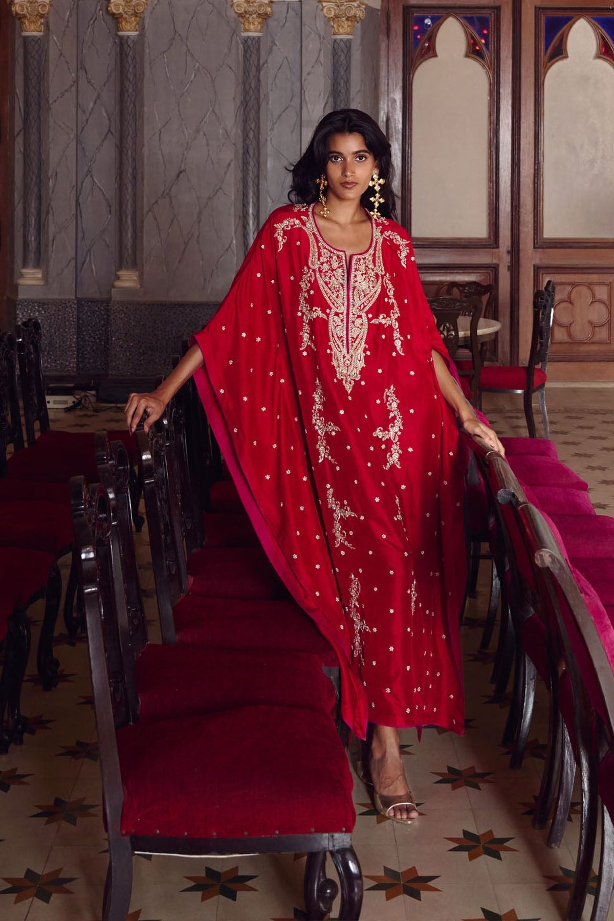 Red Flower Line Kaftan Set