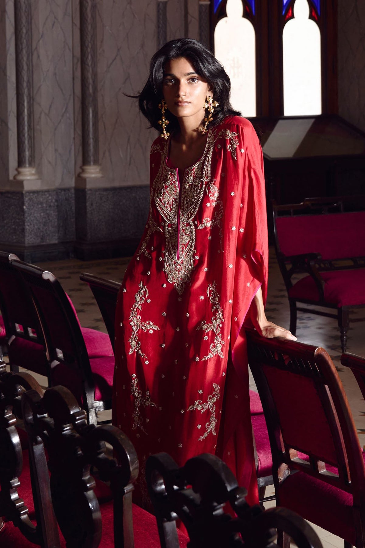 Red Flower Line Kaftan Set