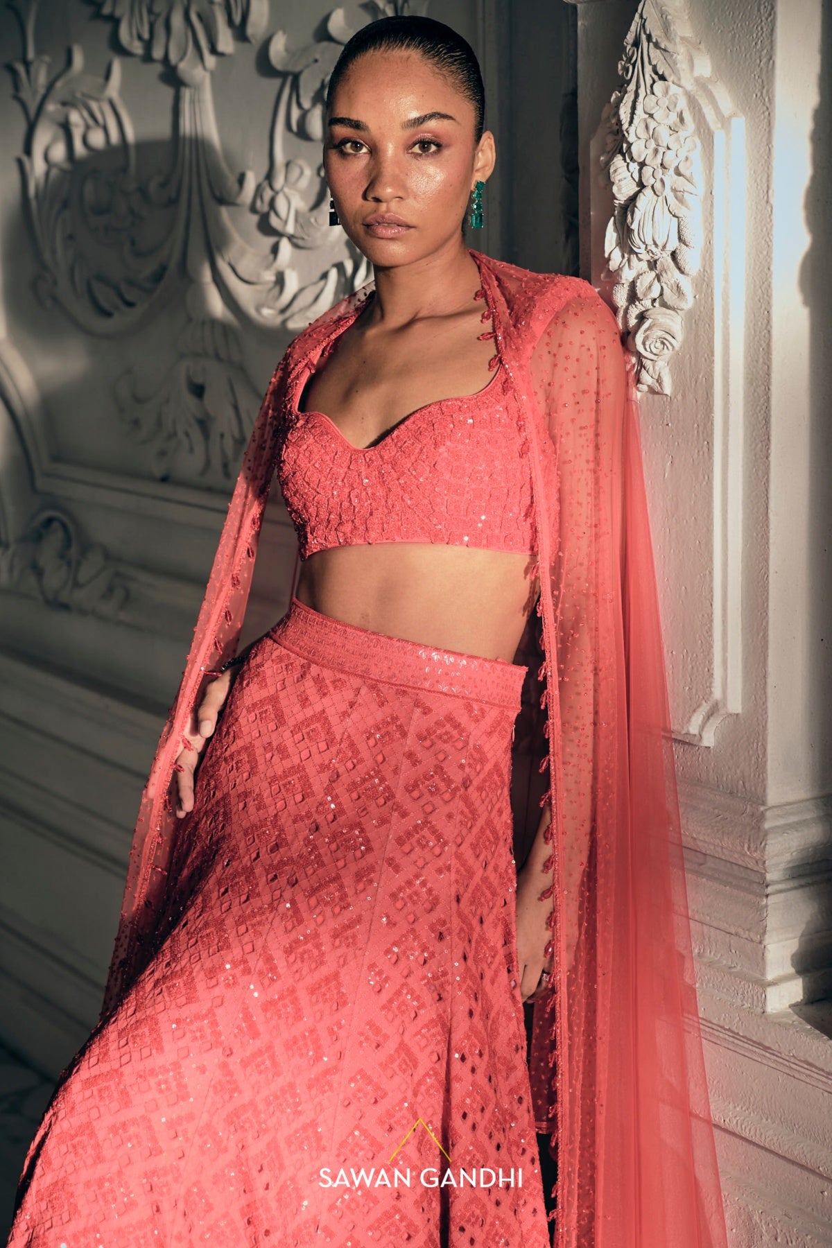 Red orange cutdana lehenga