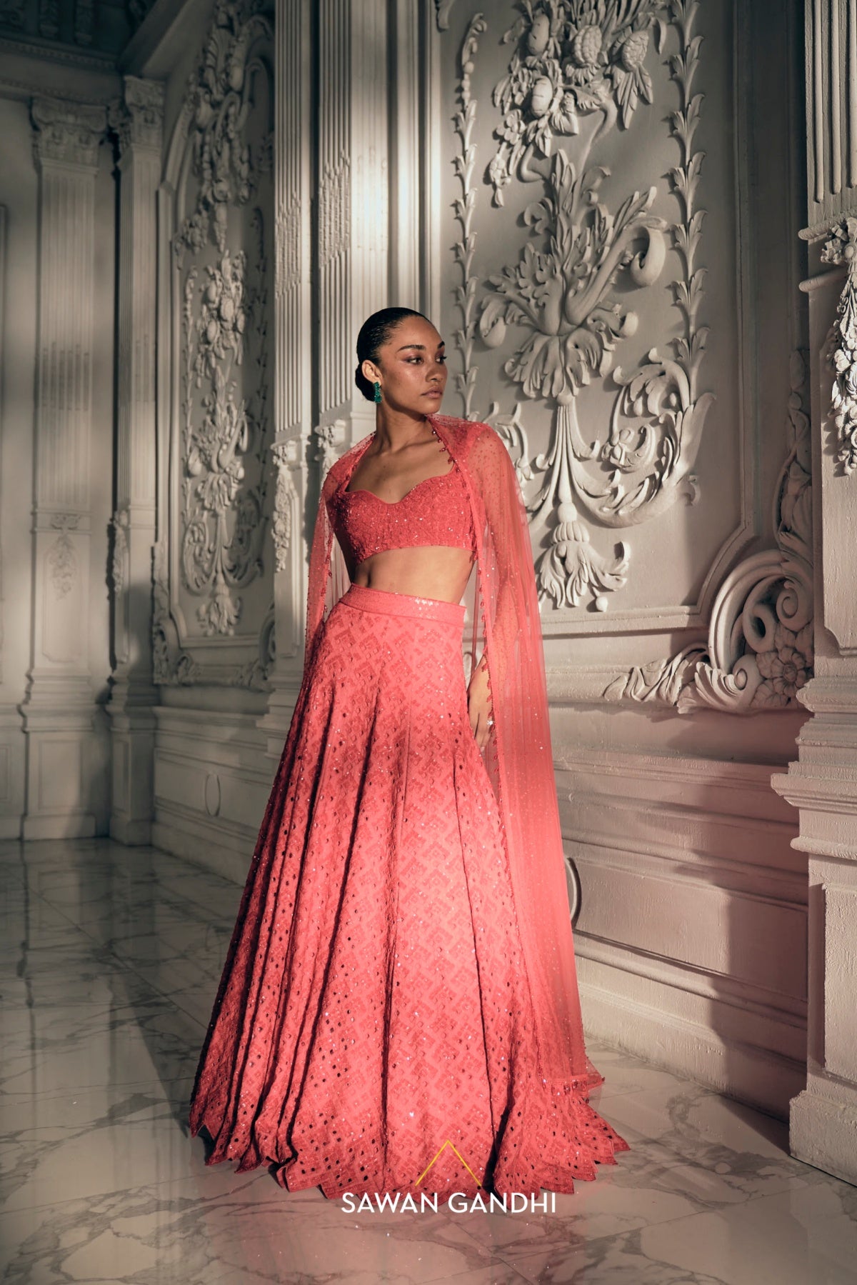 Red orange cutdana lehenga