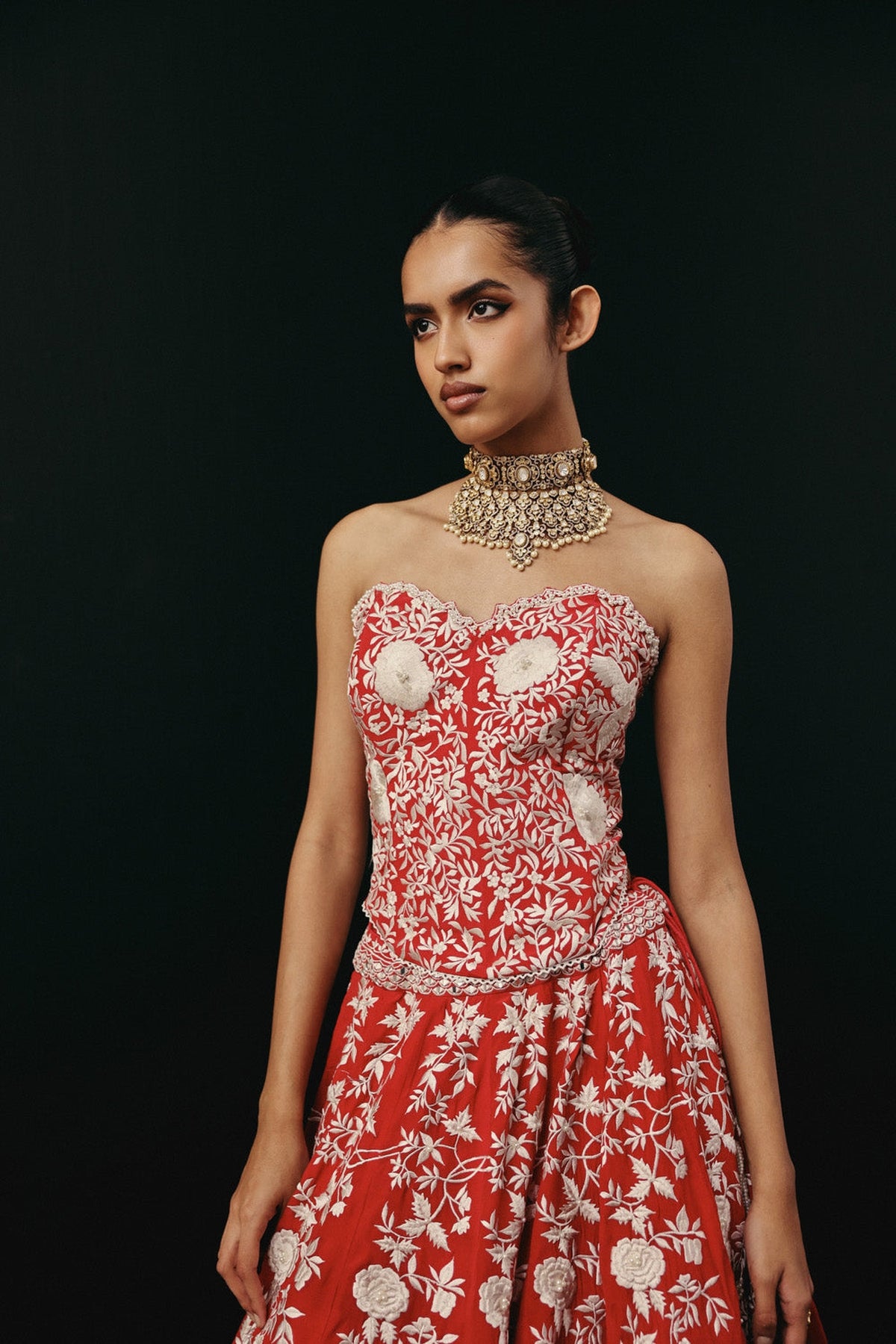 Red Parsi Gaara Lehenga with Cape Jacket and Corset