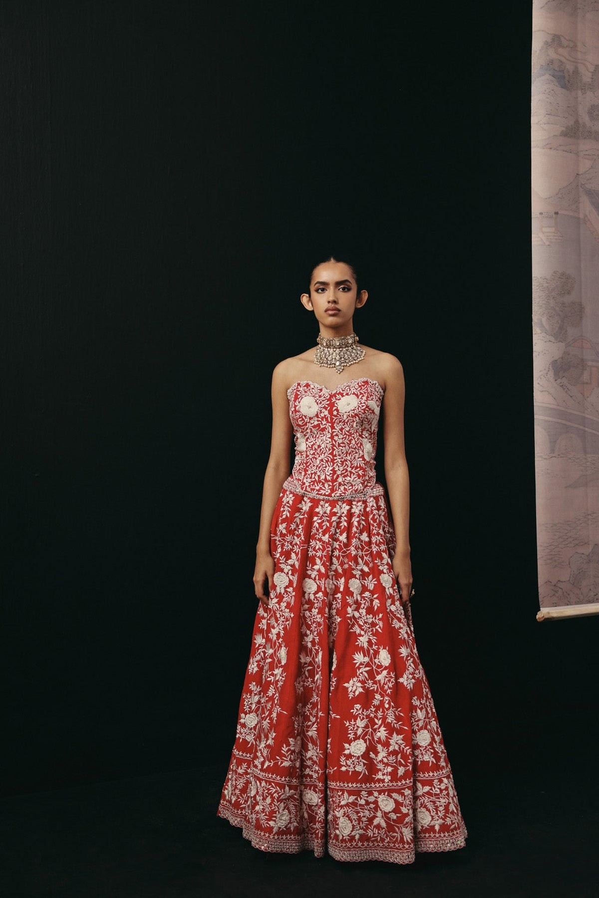 Red Parsi Gaara Lehenga with Corset Blouse  and Organza  Dupatta
