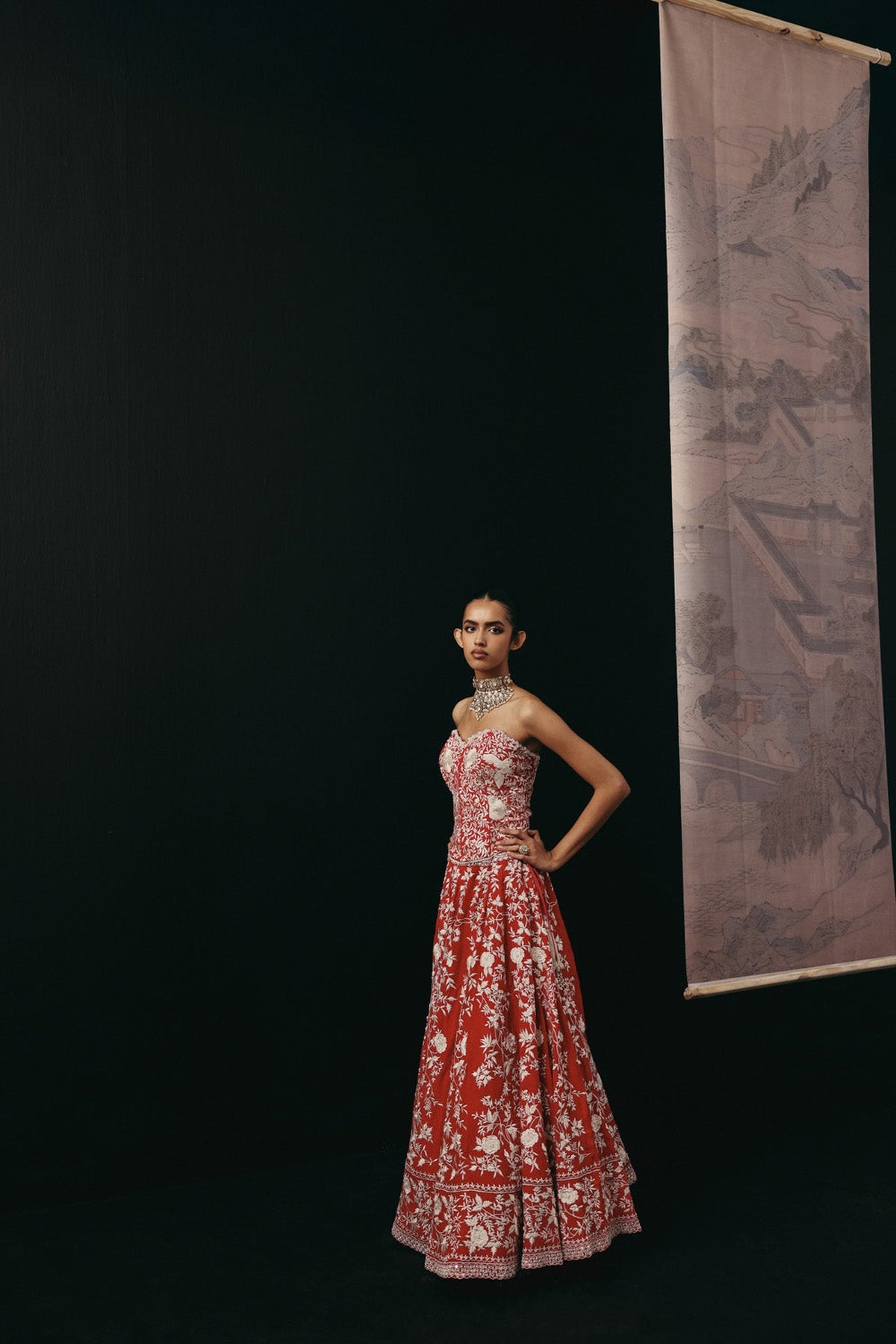 Red Parsi Gaara Lehenga with Corset Blouse  and Organza  Dupatta