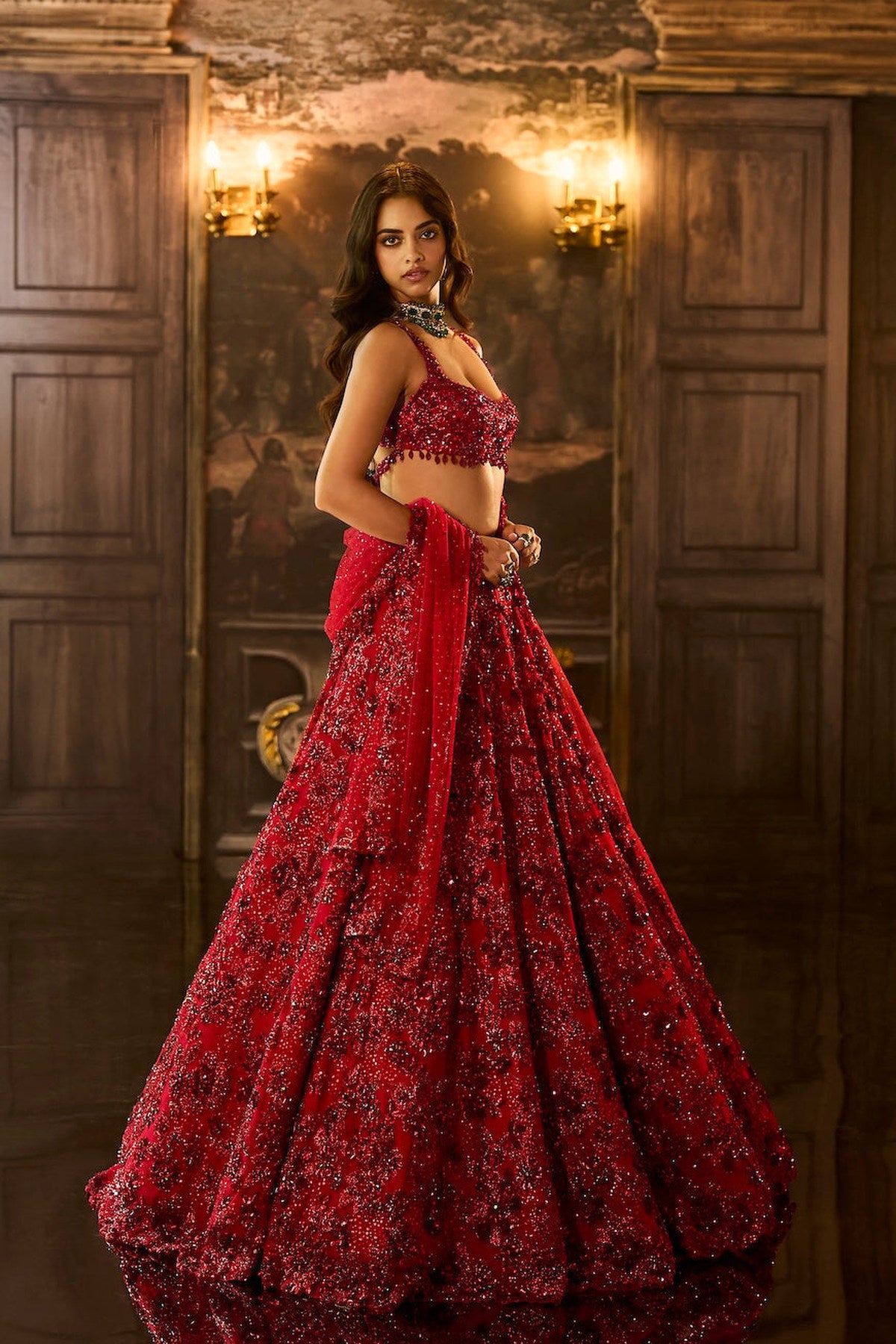 Red Sequin & Crystal Lehenga Set