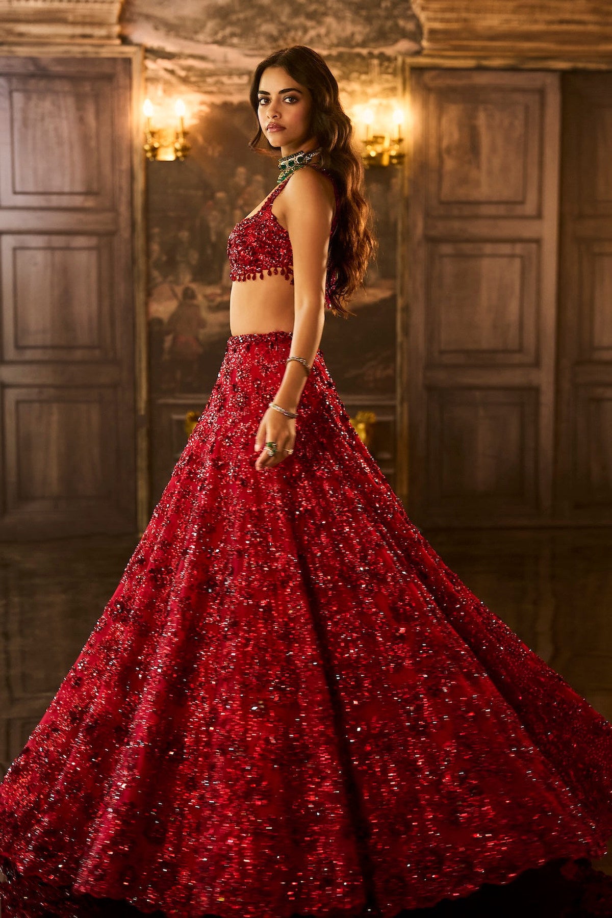 Red Sequin & Crystal Lehenga Set