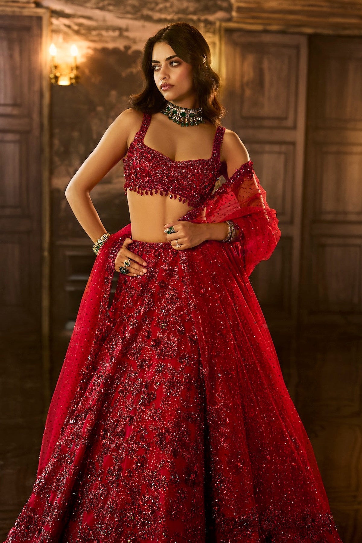 Red Sequin & Crystal Lehenga Set