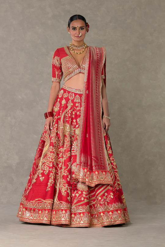 Red Bagh-E-Bahar Lehenga Without Trail & One Dupatta