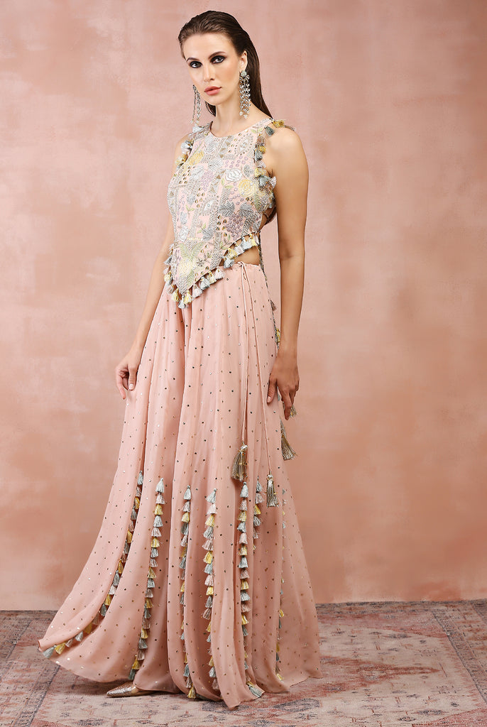 ROSE PINK APPLIQUE EMBROIDERED CHOLI WITH SHARARA