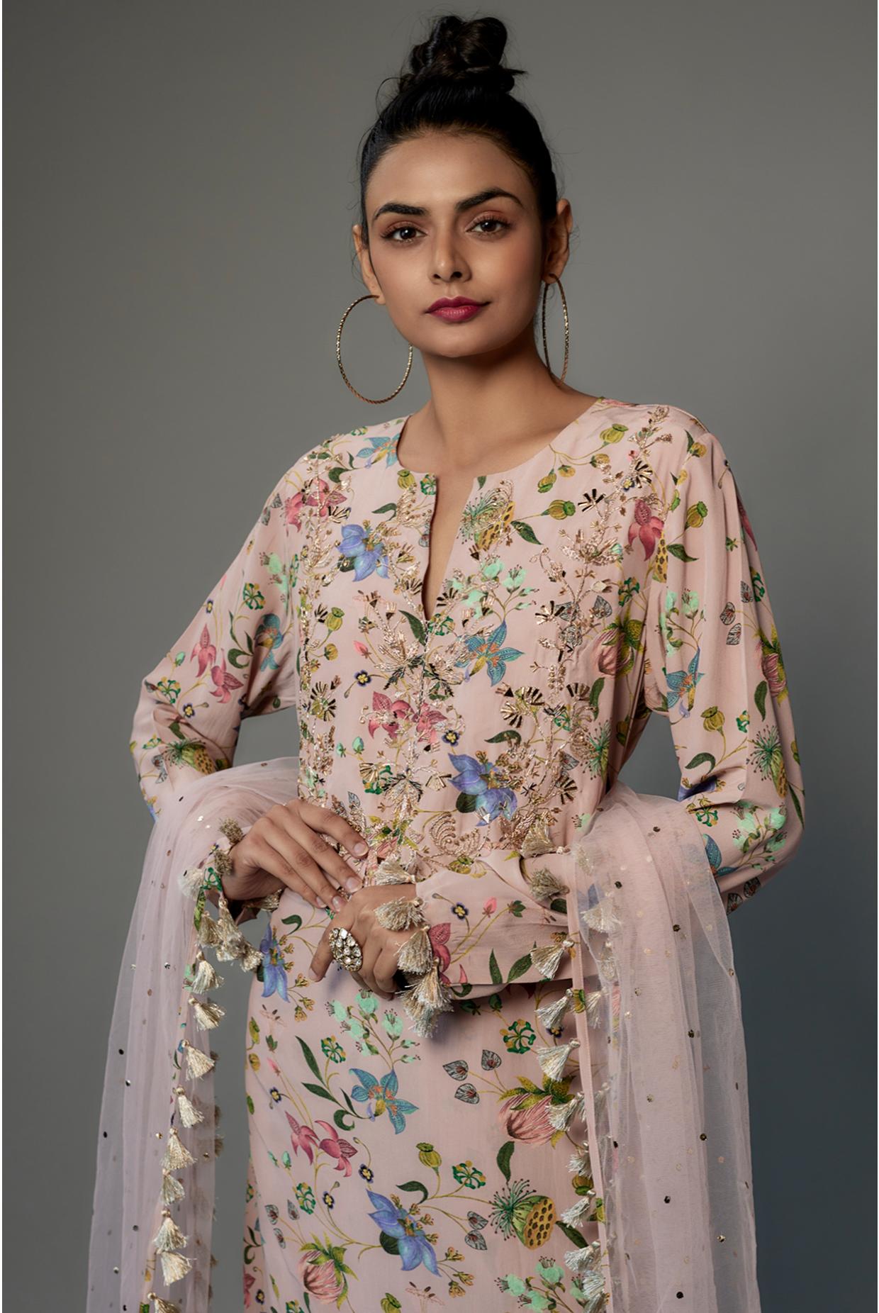 Rose Pink Crepe Embroidered Yoke Kurta With Palazzo & Dupatta