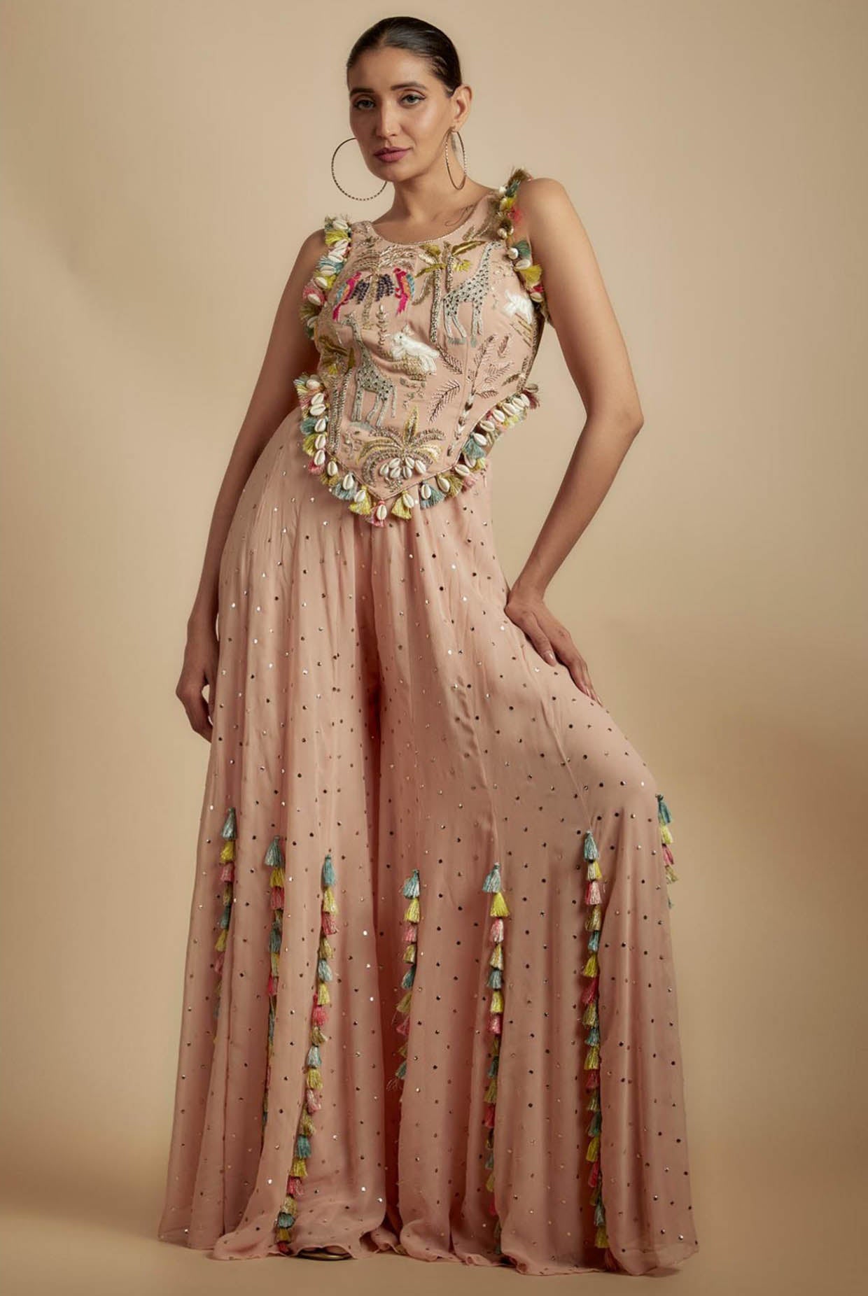 Rose Pink Embroidered Back Tie-Up Choli With Sharara