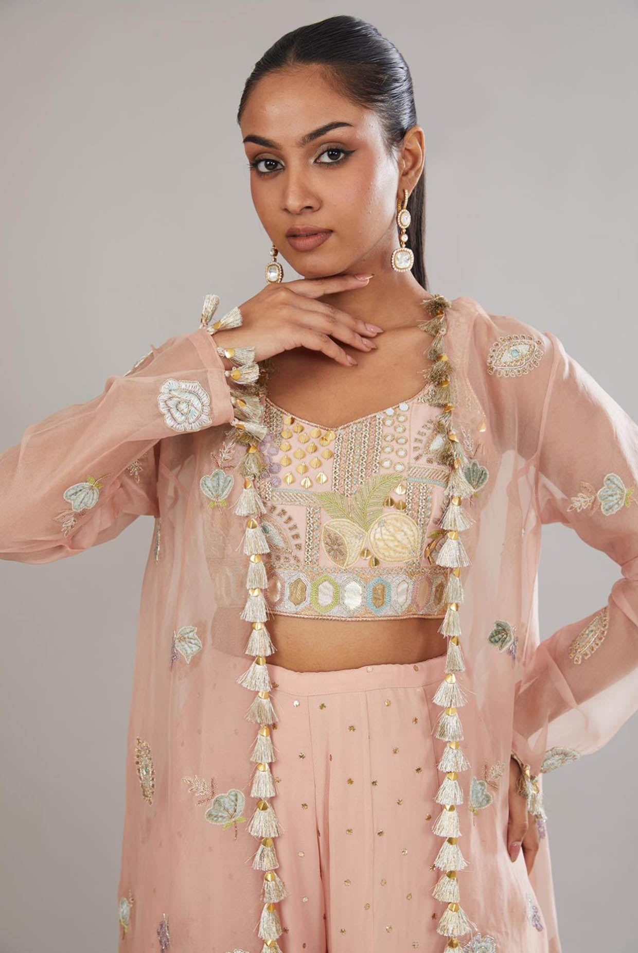 Rose Pink Embroidered Bustier With Embroidered Jacket And Sharara