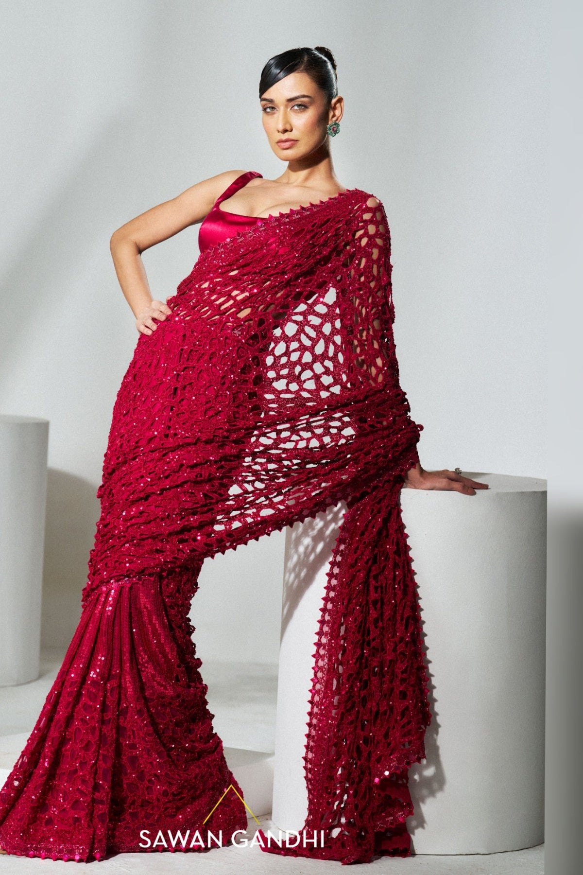 Ruby red cutwork saree
