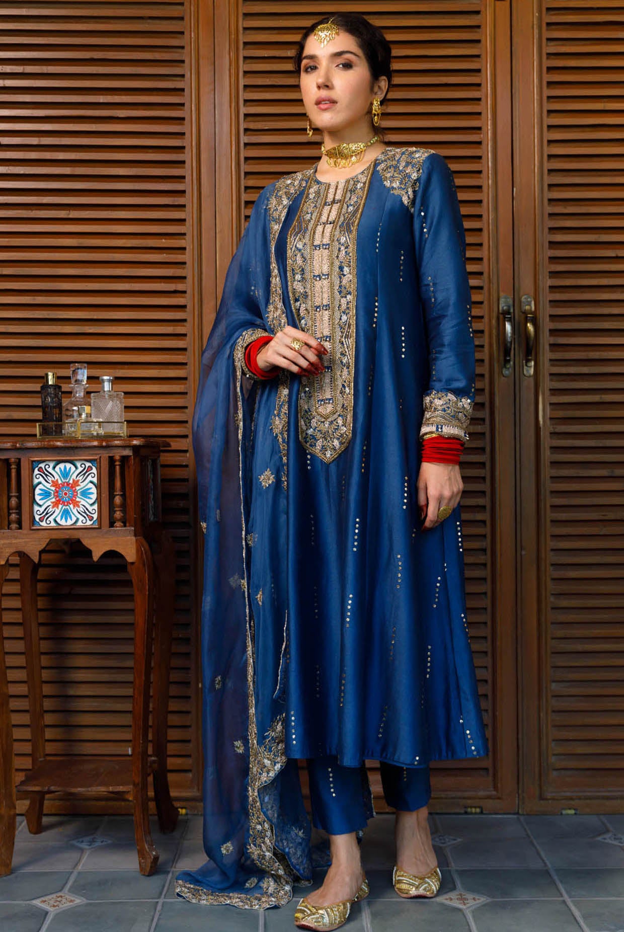 Ruksaan Navy Embroidred Yoke Kurta And Pant With Dupatta