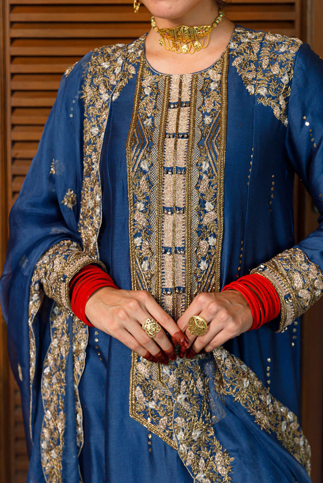 Ruksaan Navy Embroidred Yoke Kurta And Pant With Dupatta