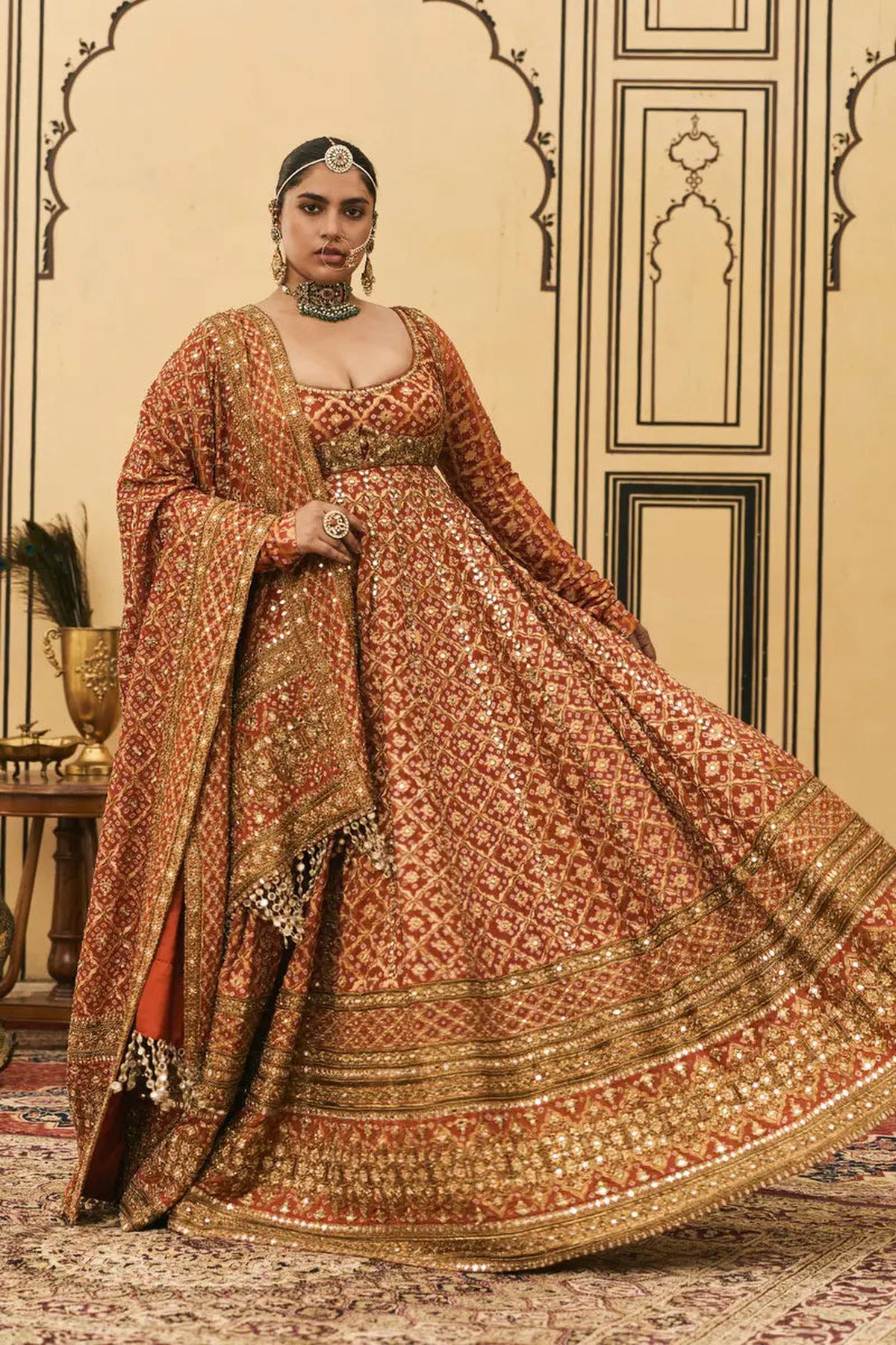 Rust Bandhani Anarkali Set