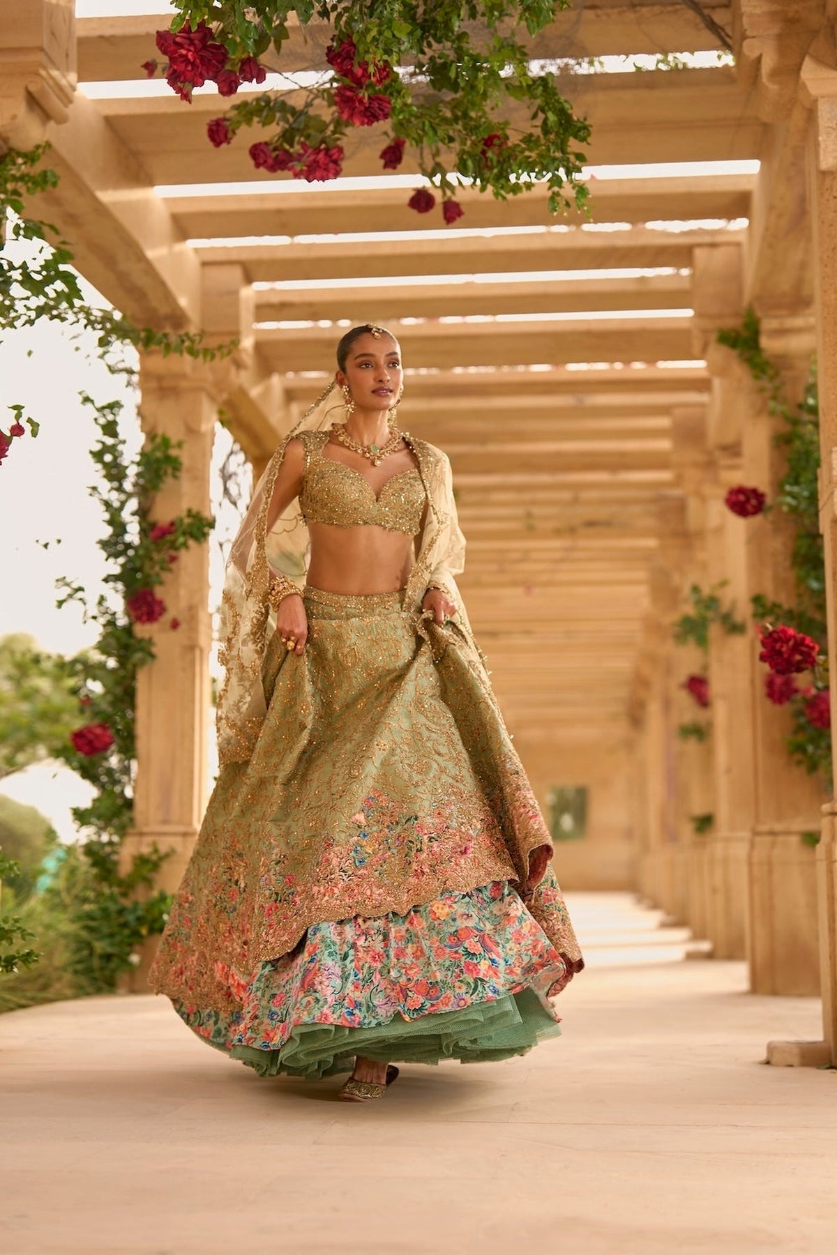 Sage Green Applique Work Lehenga Set
