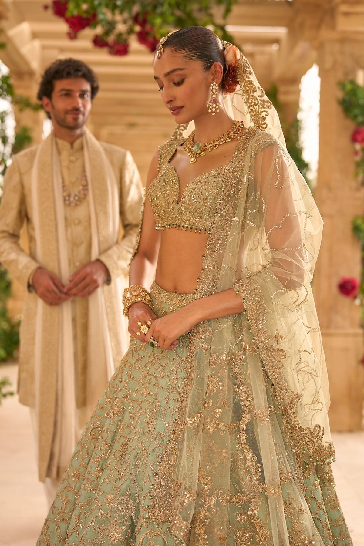 Sage Green Applique Work Lehenga Set
