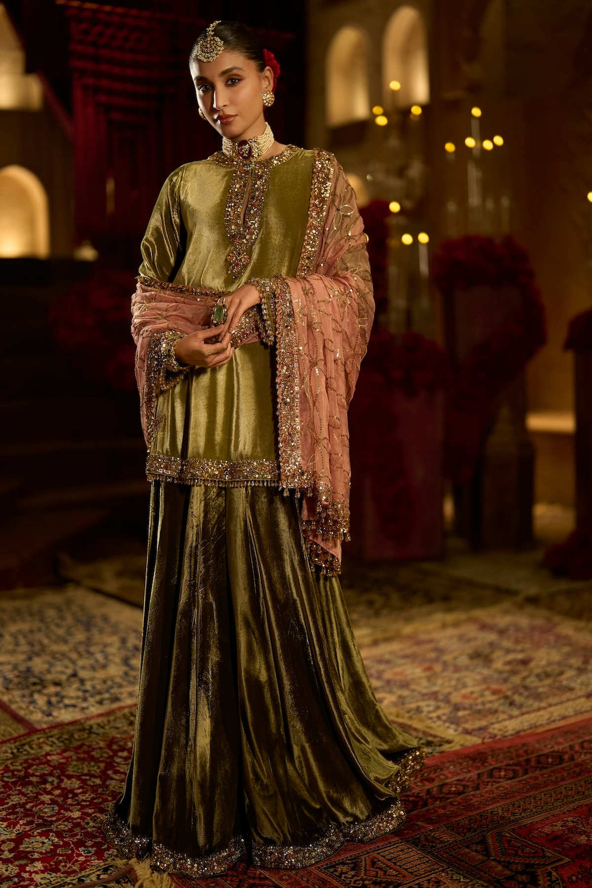 Sage Green Velvet Sharara Set
