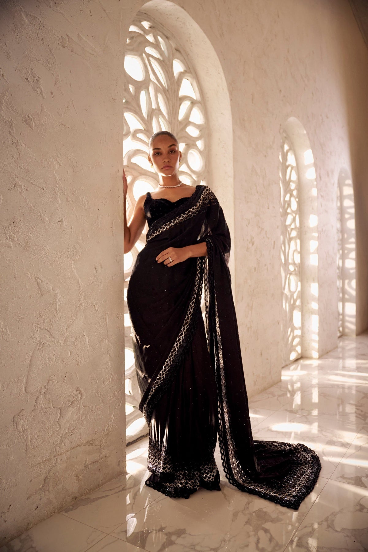 Satin black cutwork saree