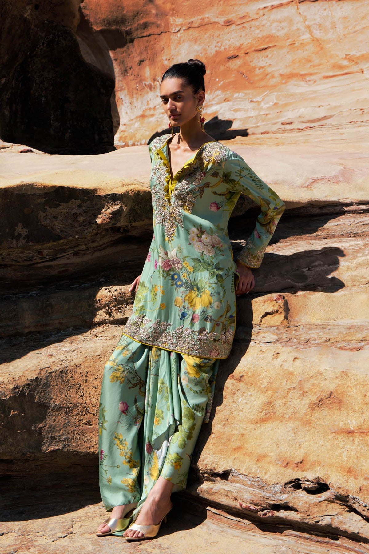 Sea Green Astra Printed High Low Kurta Skirt Set