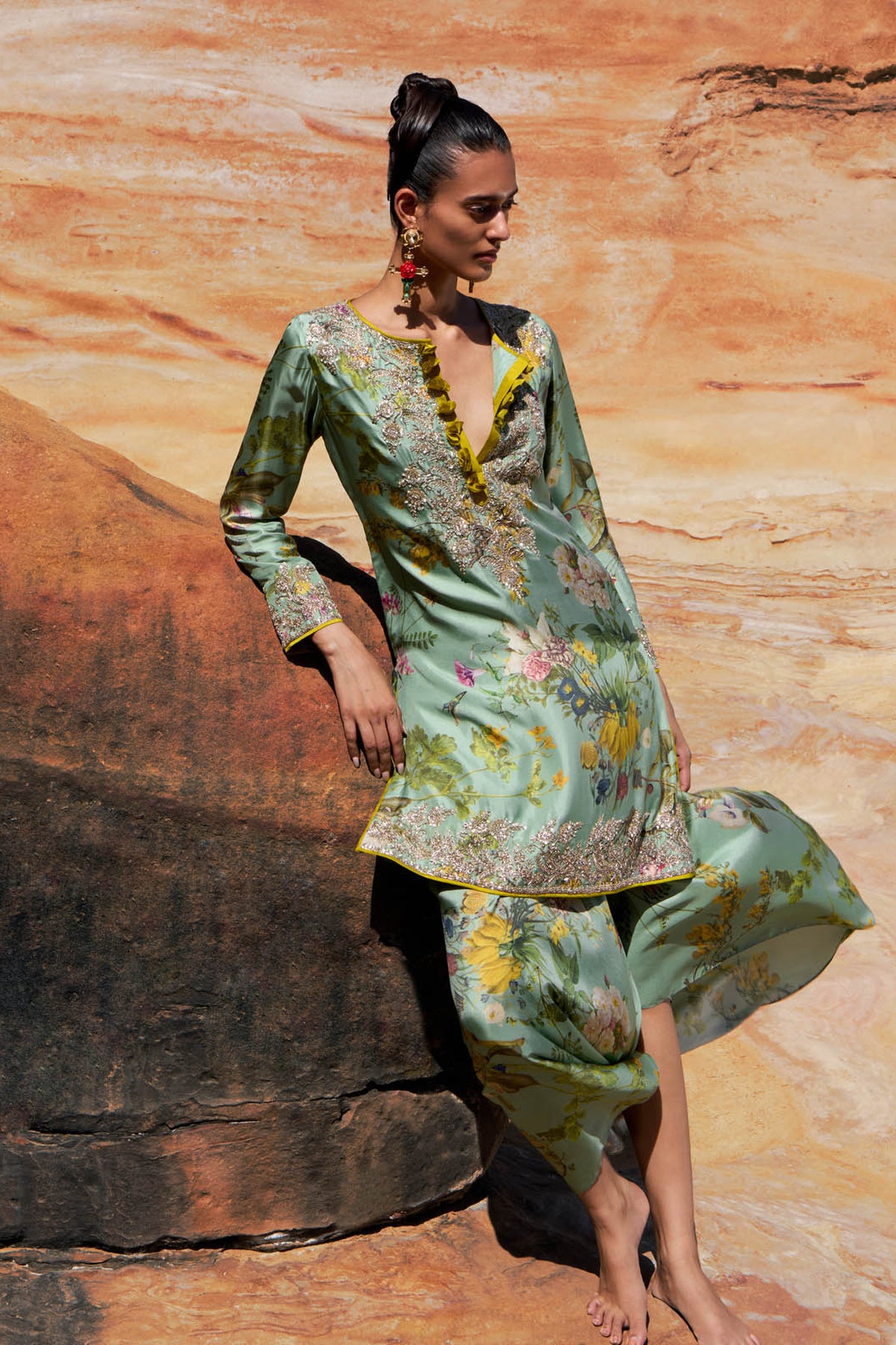Sea Green Astra Printed High Low Kurta Skirt Set