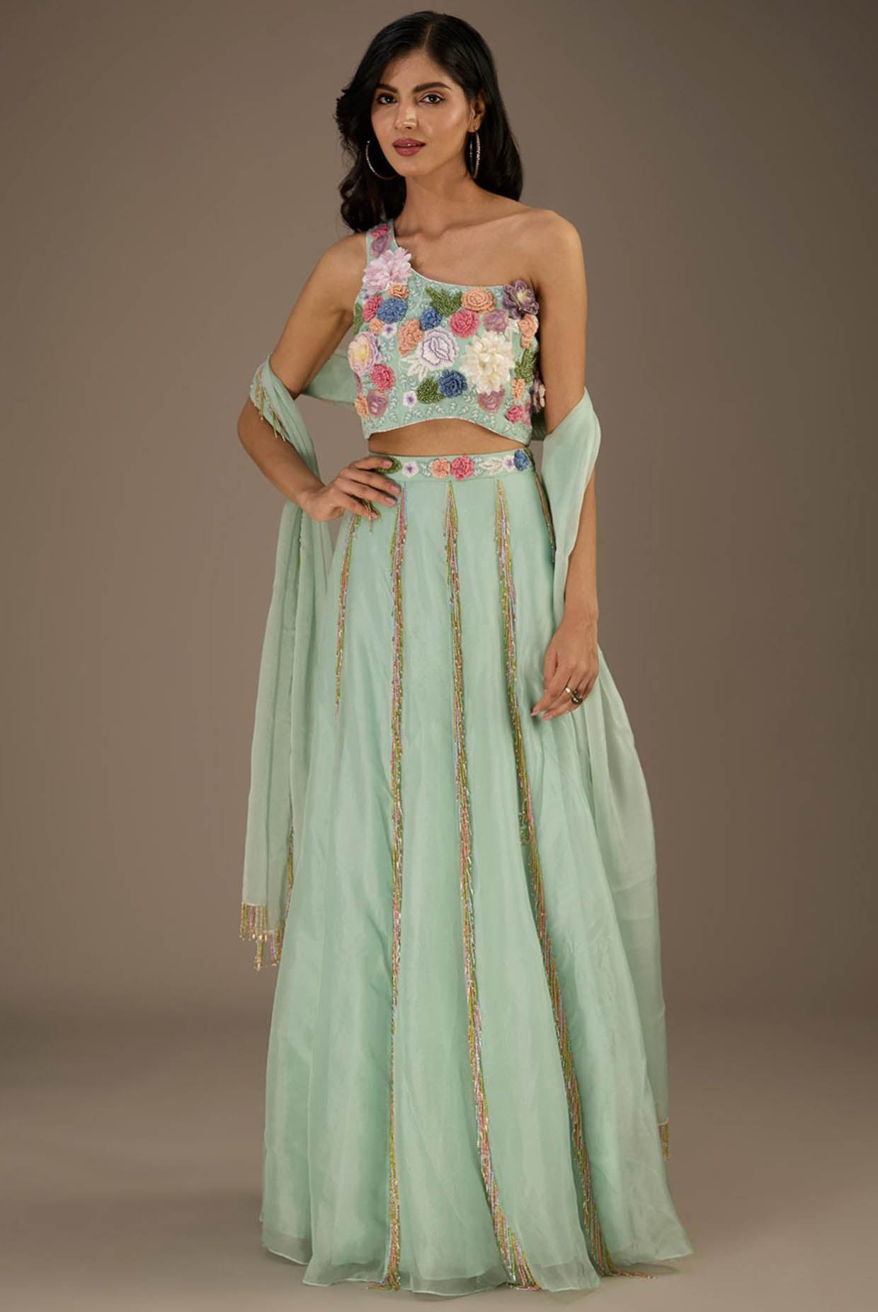 Seafoam Embroidred One Shoulder Choli With Embroidred Belt Lehenga With Dupatta