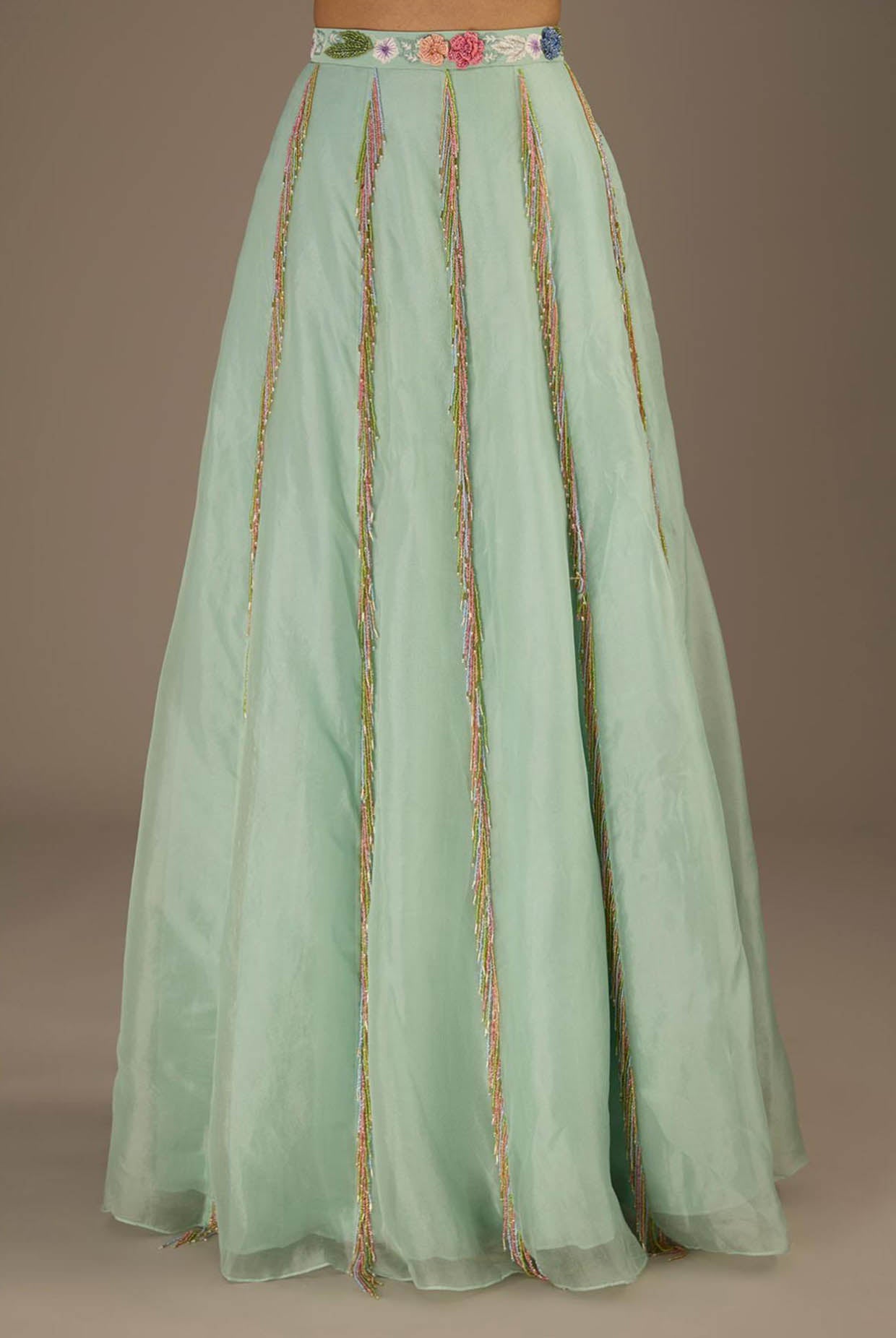 Seafoam Embroidred One Shoulder Choli With Embroidred Belt Lehenga With Dupatta