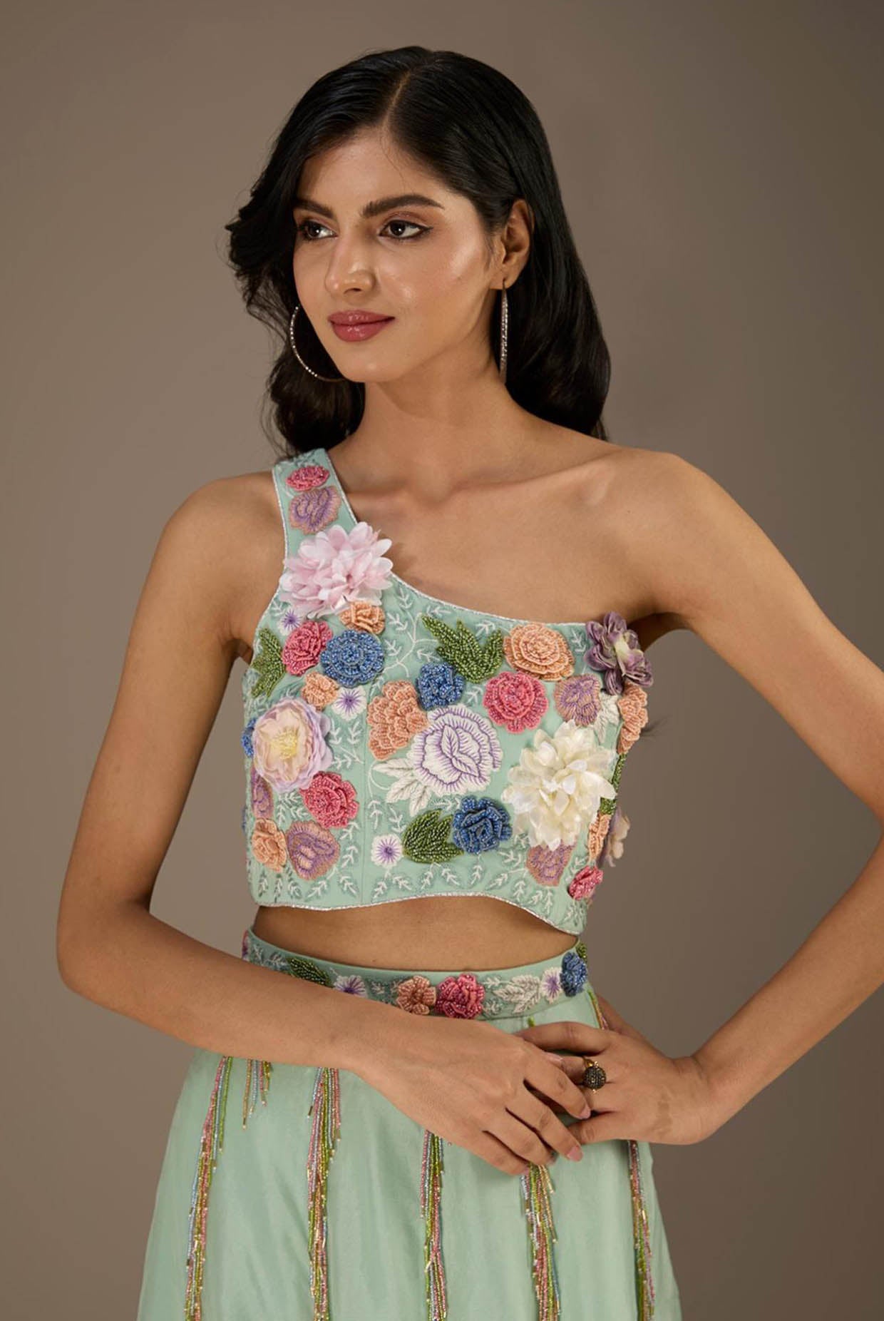 Seafoam Embroidred One Shoulder Choli With Embroidred Belt Lehenga With Dupatta