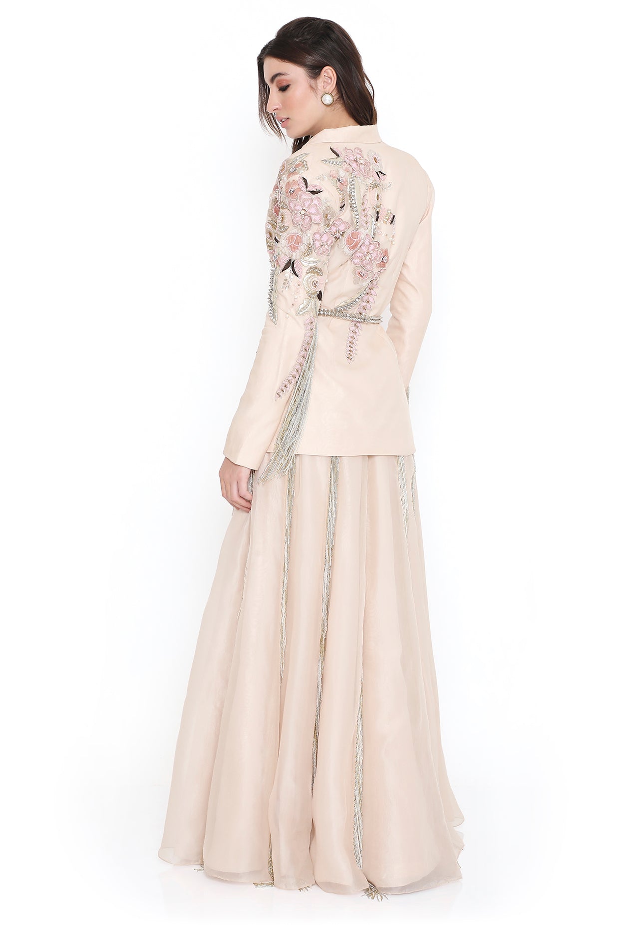 Sera Stone Embroidered Jacket And Lehenga With Hanging Tassels And Embroidered Leather Belt