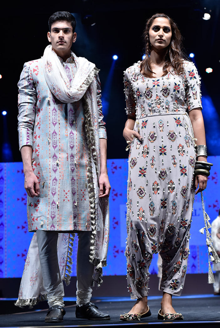 SHAHAB GREY PRINTED DUPION SILK SHERWANI WITH OFF-WHITE COTTON SILK CHURIDAR AND CREAM IKAT BUTTI SILKMUL DUPATTA