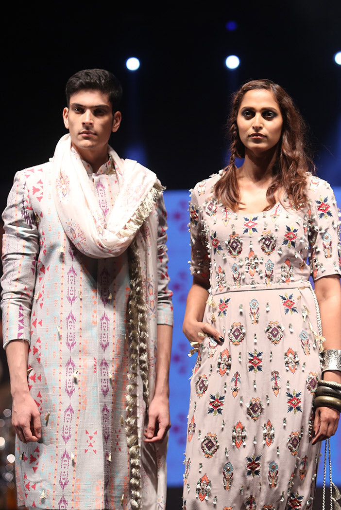 SHAHAB GREY PRINTED DUPION SILK SHERWANI WITH OFF-WHITE COTTON SILK CHURIDAR AND CREAM IKAT BUTTI SILKMUL DUPATTA