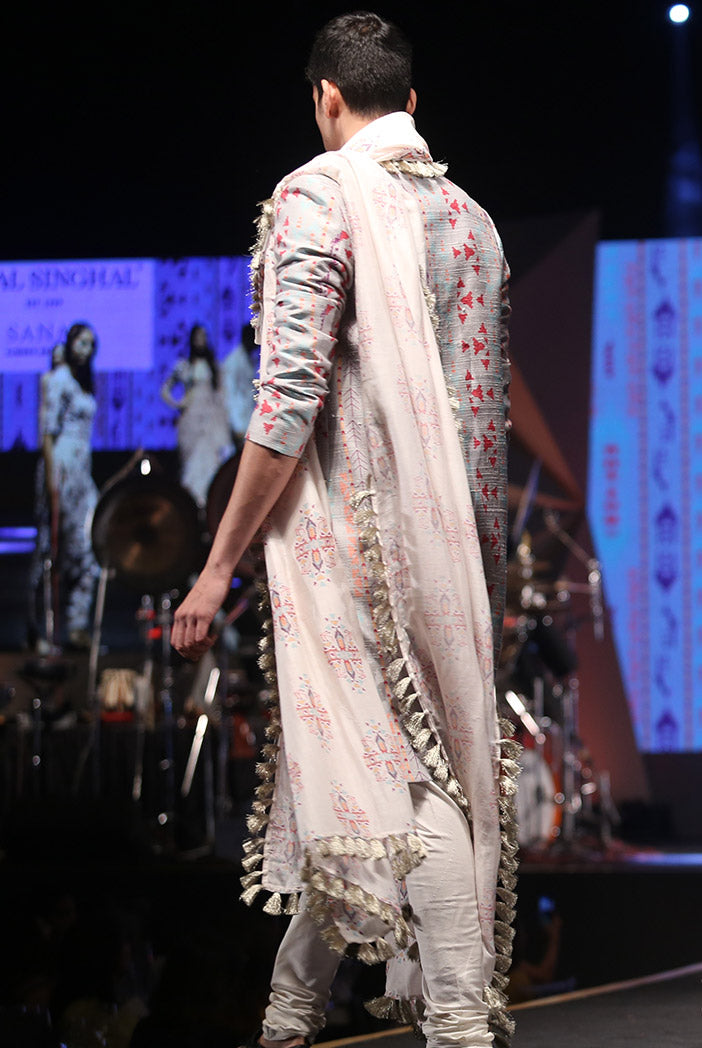 SHAHAB GREY PRINTED DUPION SILK SHERWANI WITH OFF-WHITE COTTON SILK CHURIDAR AND CREAM IKAT BUTTI SILKMUL DUPATTA