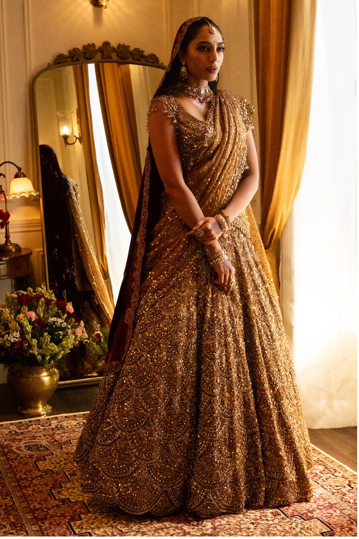 Shobhita Dhulipala in Antique Gold Scalloped Lehenga Set
