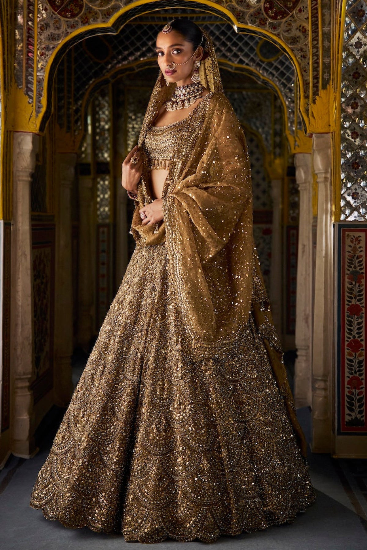 Shobhita Dhulipala in Antique Gold Scalloped Lehenga Set