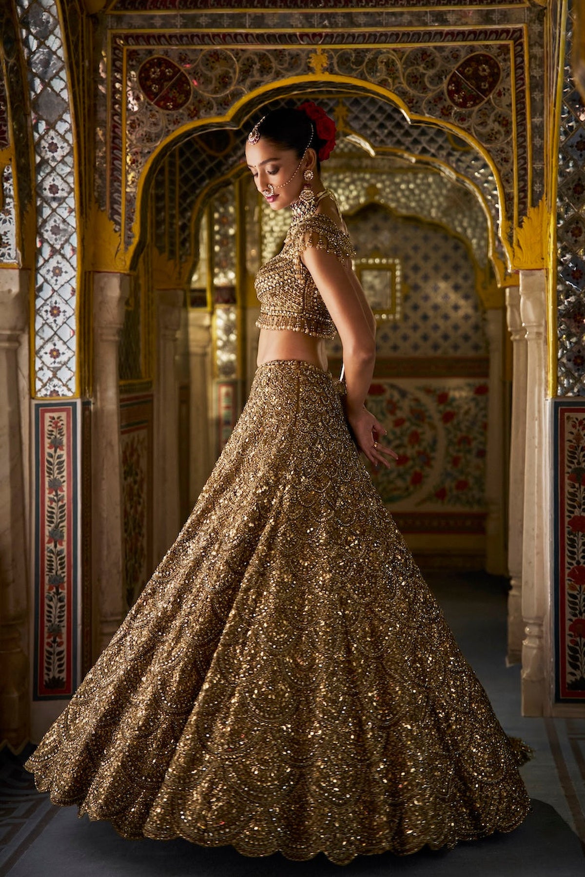 Shobhita Dhulipala in Antique Gold Scalloped Lehenga Set