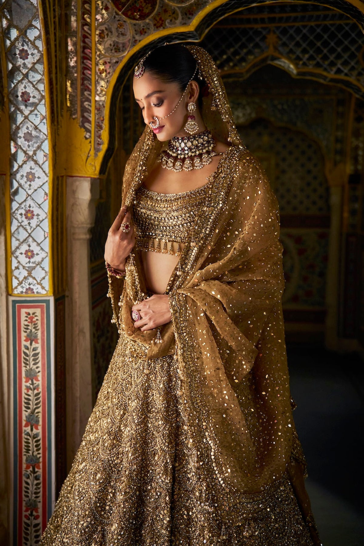 Shobhita Dhulipala in Antique Gold Scalloped Lehenga Set