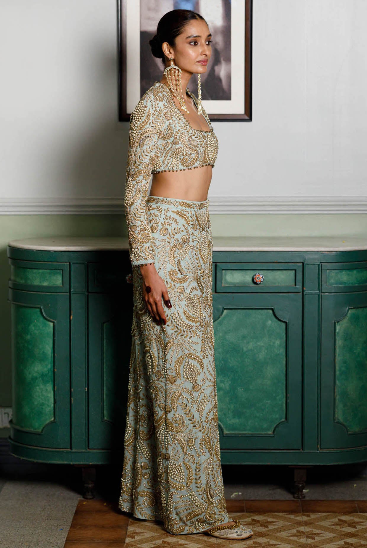 Soha Mint Embroidered Choli And Skirt