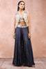 STONE EMBROIDERED JACKET AND BUSTIER WITH DENIM SHARARA