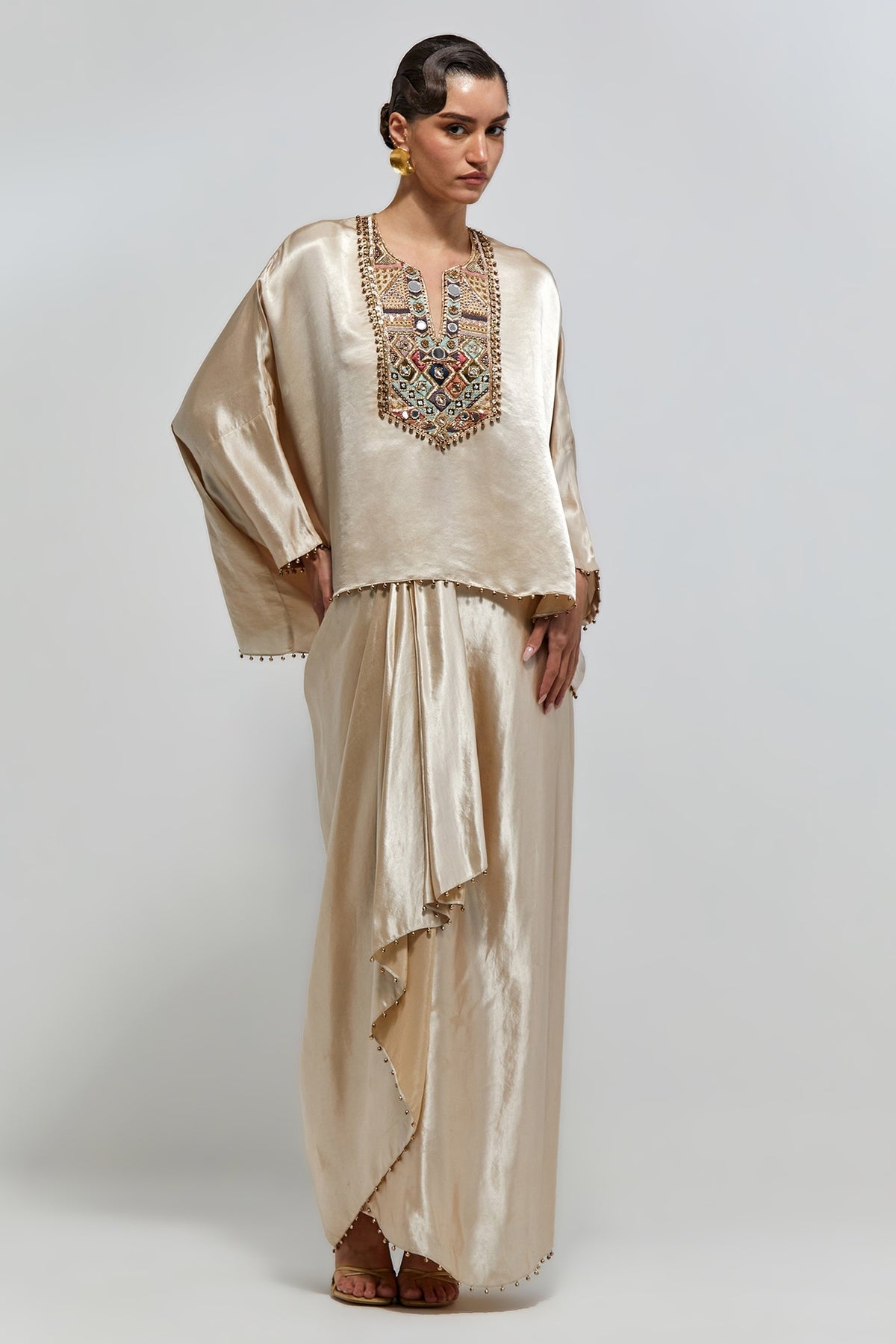 Risa Champagne Satin Embroidered Yoke Top And Lungi Skirt