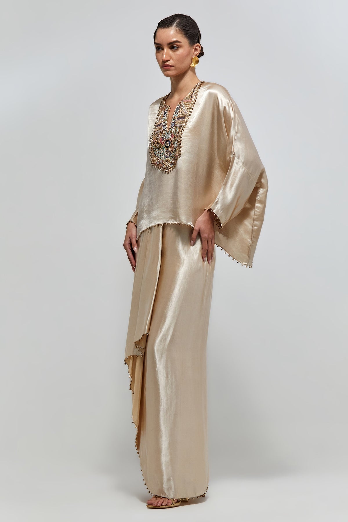 Risa Champagne Satin Embroidered Yoke Top And Lungi Skirt