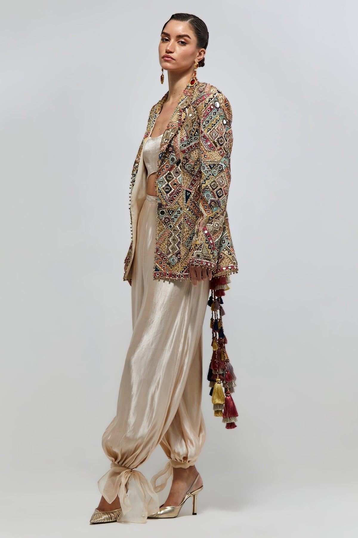 Zeenat Champagne Georgette Embroidered Backless Jacket With Bustier And Balloon Pant